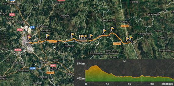 Mapa de ruta desde O Cadavo hasta Lugo