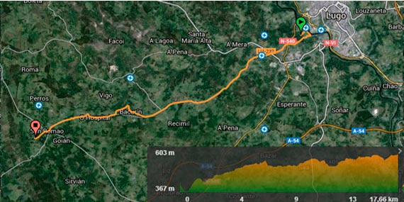 Mapa de ruta desde Lugo hasta San Romao da Retorta