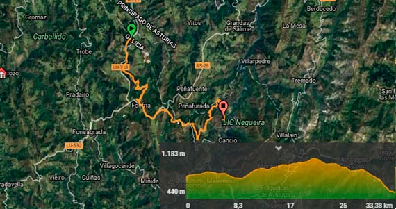 Mapa de ruta desde Vilarchao hasta Negueira de Muñiz